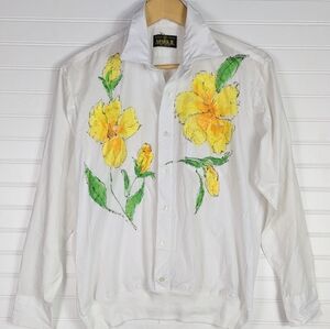 Mark II Vintage hand Painted Floral White Cotton Button Down Top Blouse  M